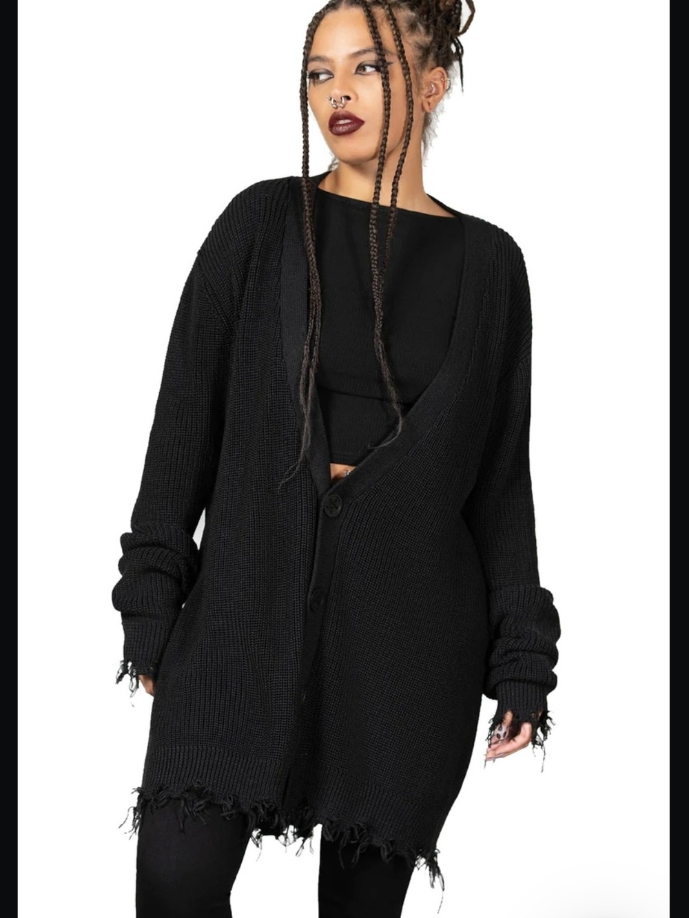 Killstar Unisex Oversized Black Distressed Button Cardigan